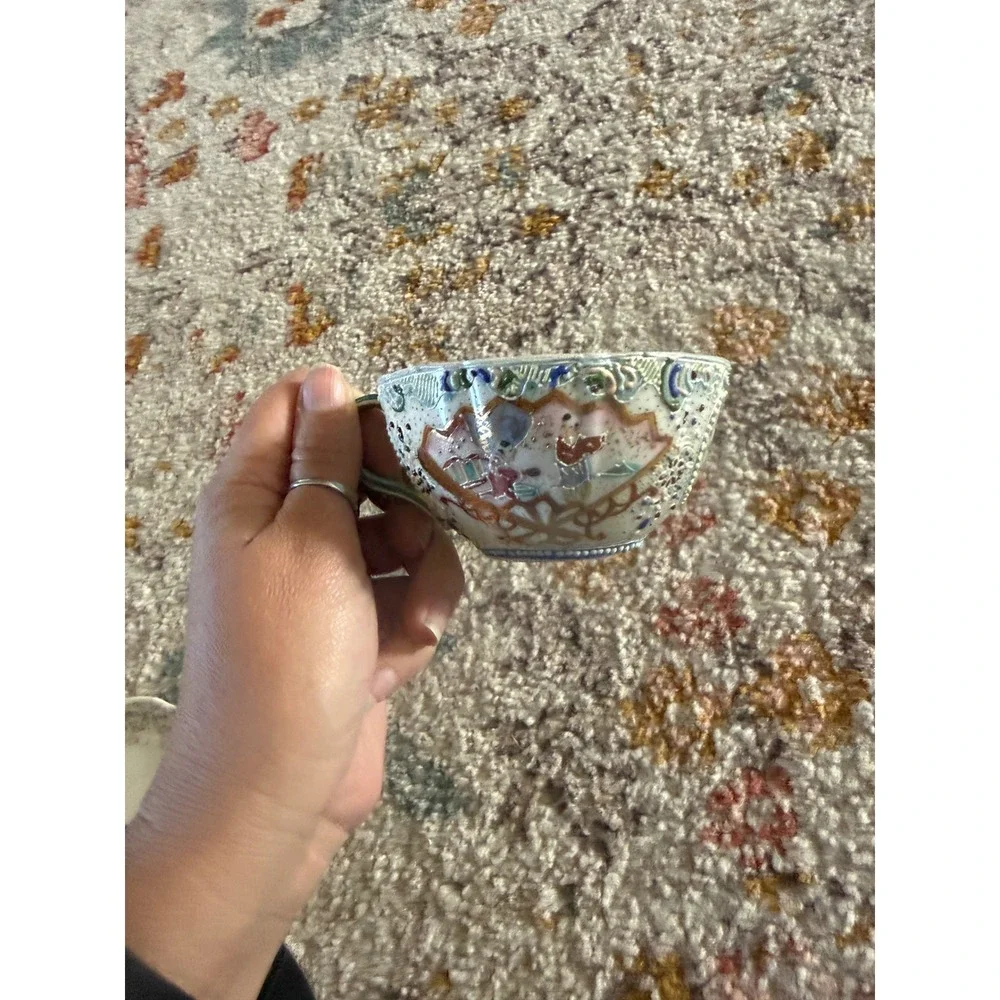 Vtg Japanese Satsuma Moriage Eggshell Porcelain Teacup Hand Painted Gold‎ 3.75